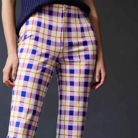 Anthropologie NWOT Maeve Susanna Flare Pants Medium Petite Crop Purple Plaid - Picture 4 of 16